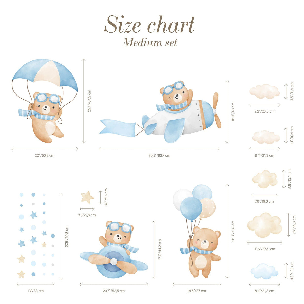 Flying Bears Wall Decals | Nursery Bear Wall Decal | Aeroplane Wall Decal | Boys Girls Room Decal | Blue and Pink Watercolour Bear Decal