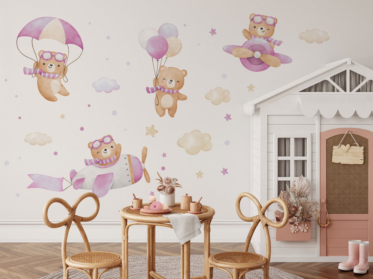 Flying Bears Wall Decals | Nursery Bear Wall Decal | Aeroplane Wall Decal | Boys Girls Room Decal | Blue and Pink Watercolour Bear Decal
