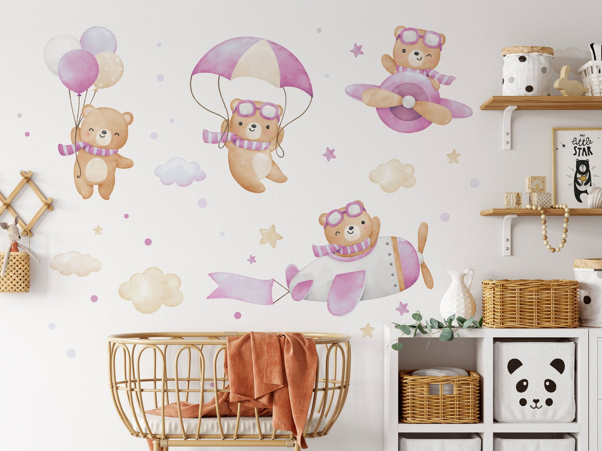 Flying Bears Wall Decals | Nursery Bear Wall Decal | Aeroplane Wall Decal | Boys Girls Room Decal | Blue and Pink Watercolour Bear Decal