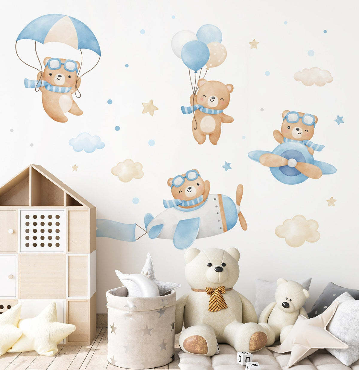 Flying Bears Wall Decals | Nursery Bear Wall Decal | Aeroplane Wall Decal | Boys Girls Room Decal | Blue and Pink Watercolour Bear Decal