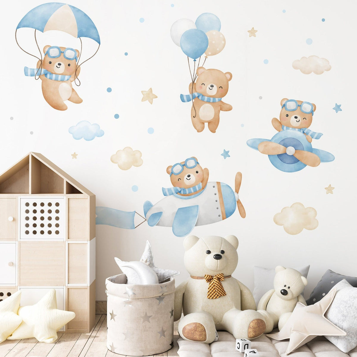 Flying Bears Wall Decals | Nursery Bear Wall Decal | Aeroplane Wall Decal | Boys Girls Room Decal | Blue and Pink Watercolour Bear Decal