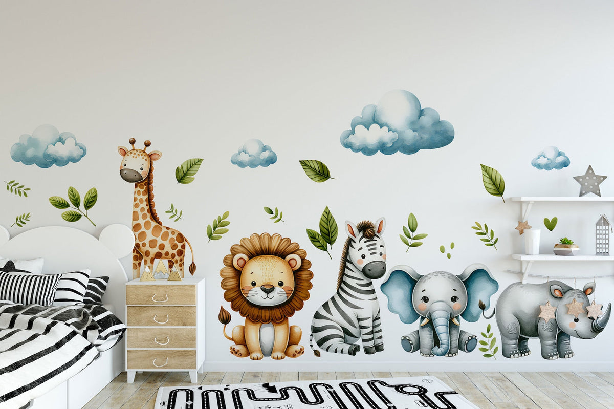 Safari Wall Stickers | Set for Kids | Safari Animals | Wall Decals | Africa Watercolour Decals Set | Nursery Peel and Stick Wall Decor