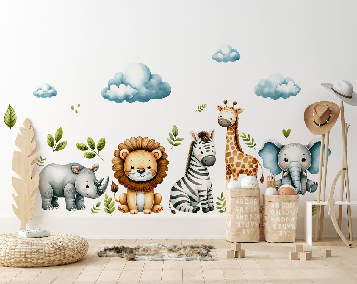 Safari Wall Stickers | Set for Kids | Safari Animals | Wall Decals | Africa Watercolour Decals Set | Nursery Peel and Stick Wall Decor