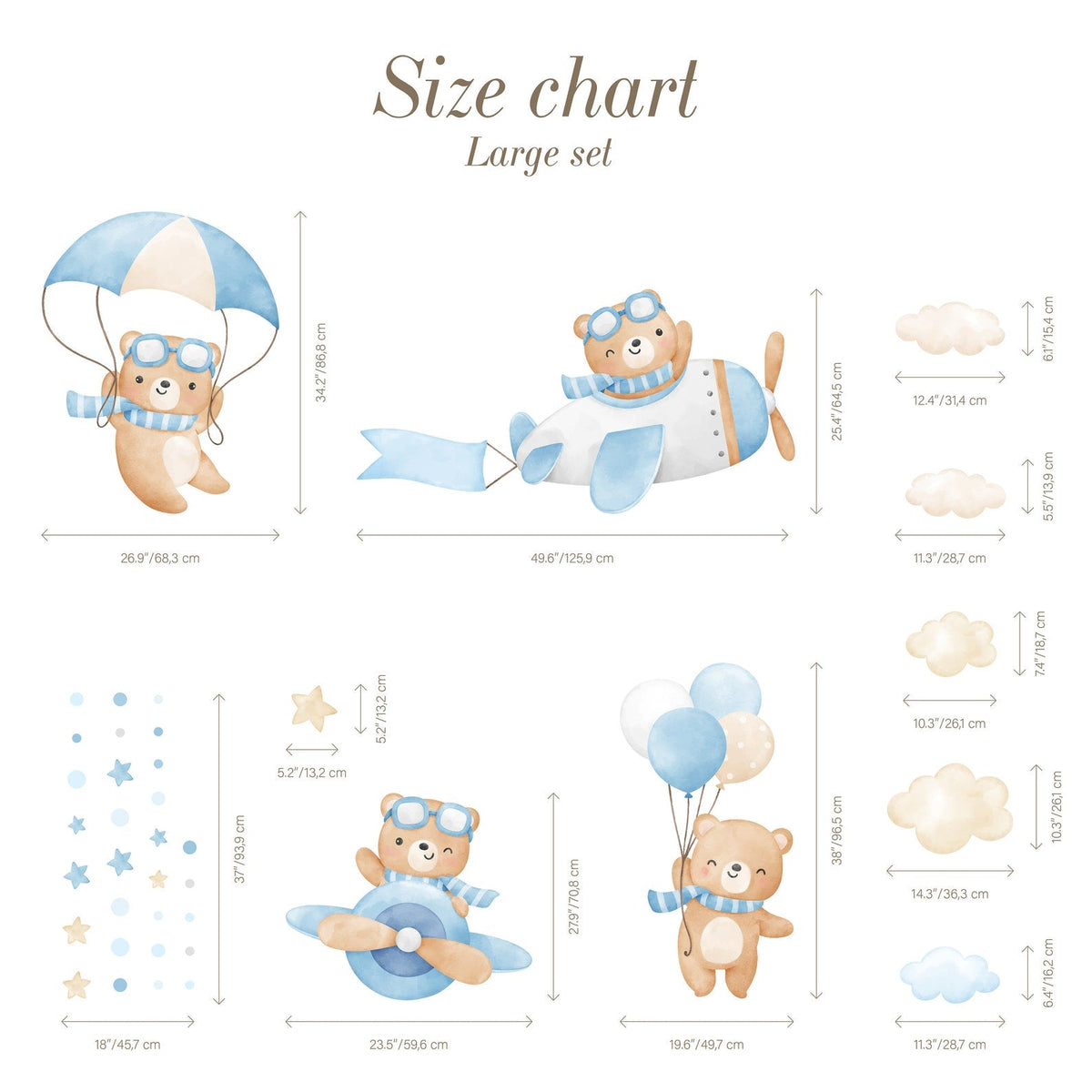 Flying Bears Wall Decals | Nursery Bear Wall Decal | Aeroplane Wall Decal | Boys Girls Room Decal | Blue and Pink Watercolour Bear Decal