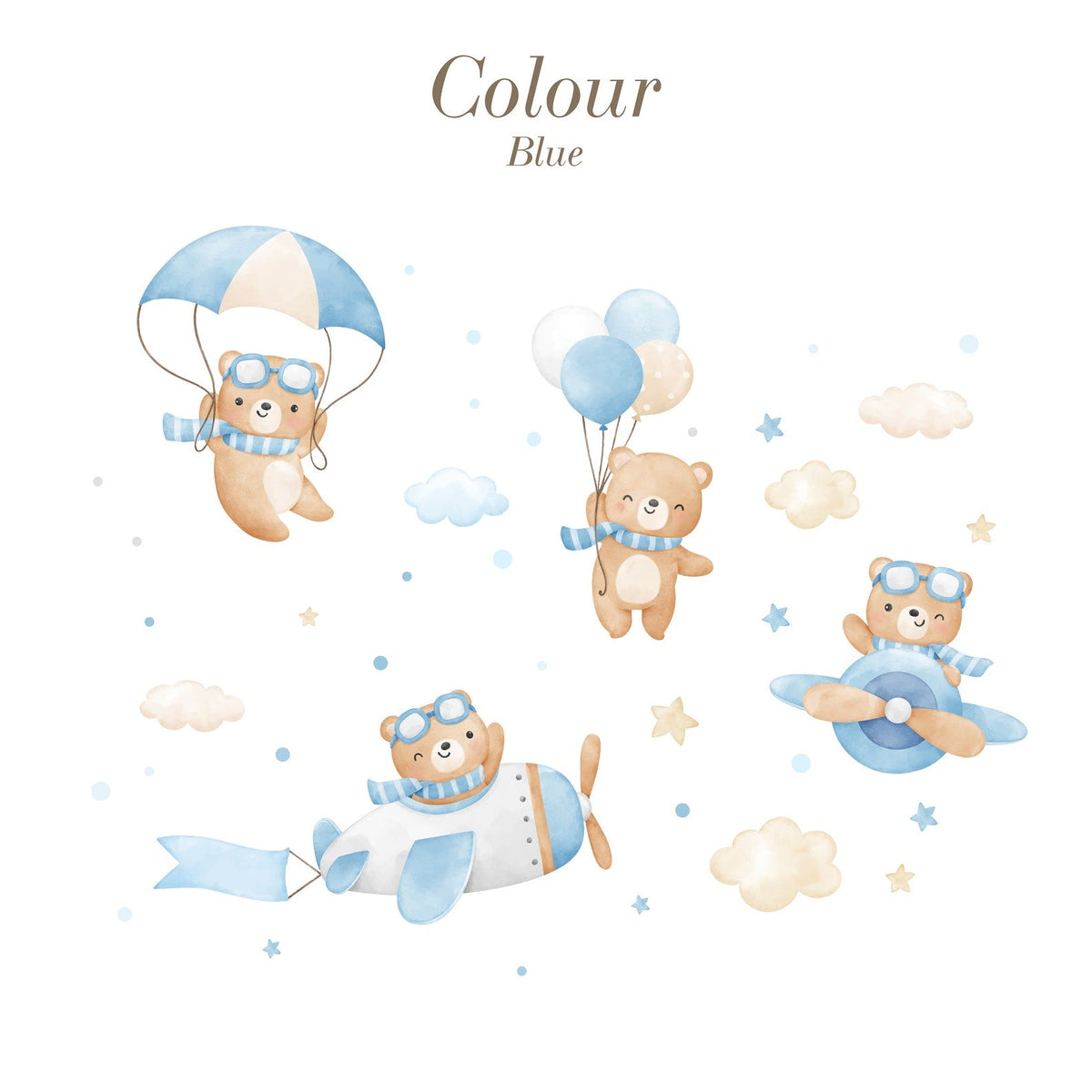 Flying Bears Wall Decals | Nursery Bear Wall Decal | Aeroplane Wall Decal | Boys Girls Room Decal | Blue and Pink Watercolour Bear Decal