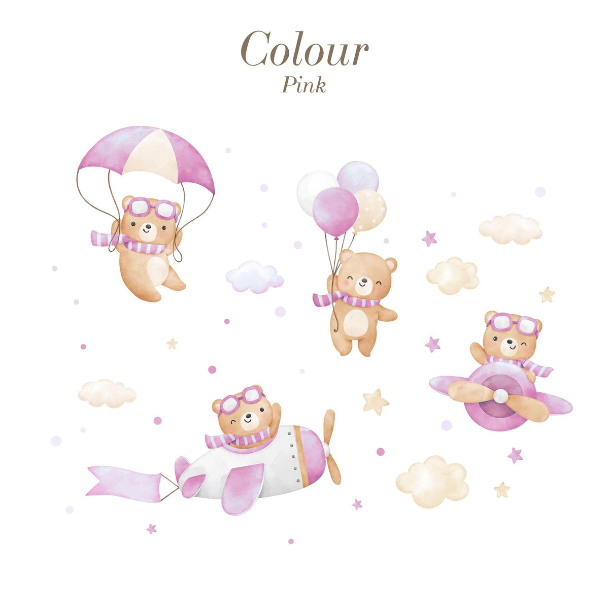 Flying Bears Wall Decals | Nursery Bear Wall Decal | Aeroplane Wall Decal | Boys Girls Room Decal | Blue and Pink Watercolour Bear Decal