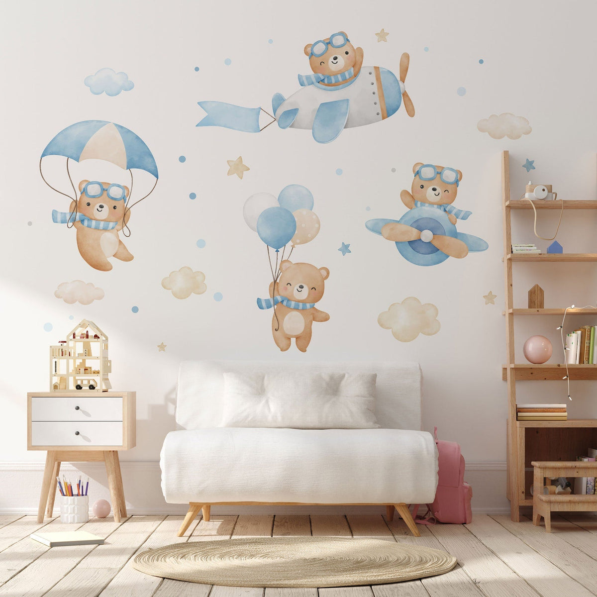 Flying Bears Wall Decals | Nursery Bear Wall Decal | Aeroplane Wall Decal | Boys Girls Room Decal | Blue and Pink Watercolour Bear Decal