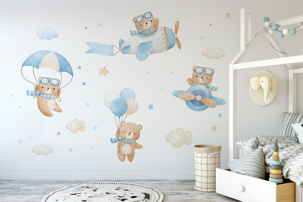 Flying Bears Wall Decals | Nursery Bear Wall Decal | Aeroplane Wall Decal | Boys Girls Room Decal | Blue and Pink Watercolour Bear Decal