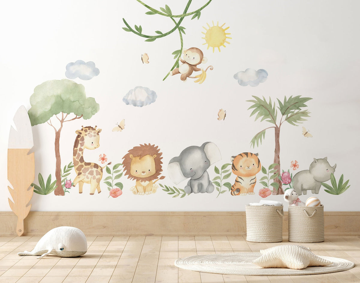 XL Safari Wall Sticker Set for Kids | Safari Animals | Wall Decal | Africa Watercolour Decal Set | Nursery Peel and Stick Nursery Wall Decor