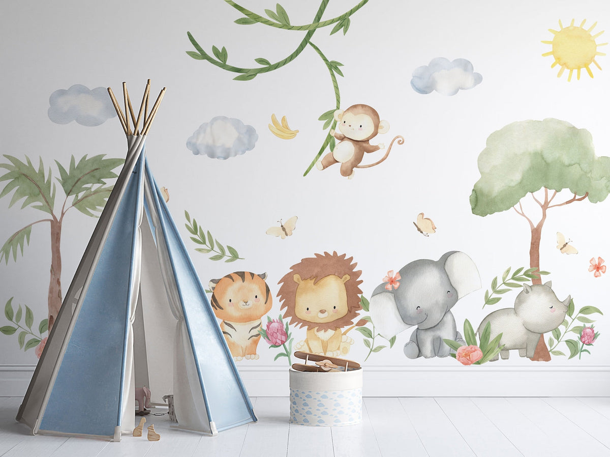 XL Safari Wall Sticker Set for Kids | Safari Animals | Wall Decal | Africa Watercolour Decal Set | Nursery Peel and Stick Nursery Wall Decor
