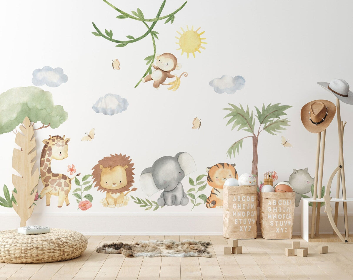 XL Safari Wall Sticker Set for Kids | Safari Animals | Wall Decal | Africa Watercolour Decal Set | Nursery Peel and Stick Nursery Wall Decor