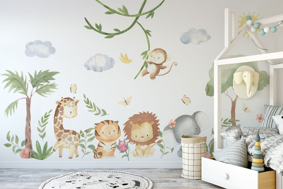 XL Safari Wall Sticker Set for Kids | Safari Animals | Wall Decal | Africa Watercolour Decal Set | Nursery Peel and Stick Nursery Wall Decor