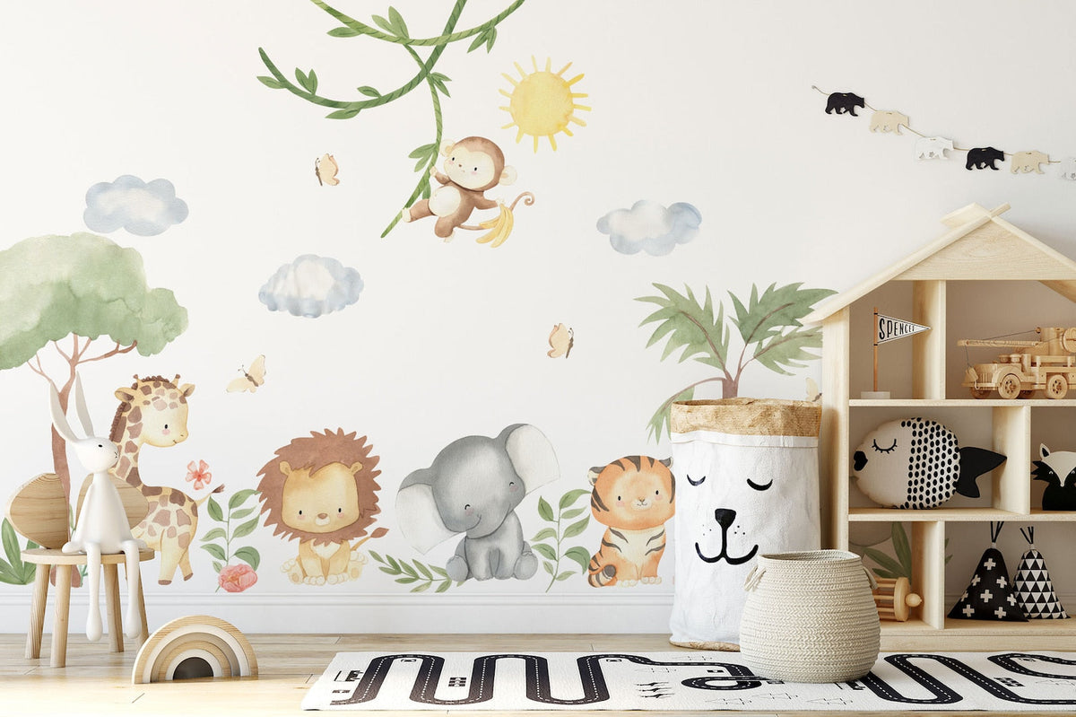 XL Safari Wall Sticker Set for Kids | Safari Animals | Wall Decal | Africa Watercolour Decal Set | Nursery Peel and Stick Nursery Wall Decor
