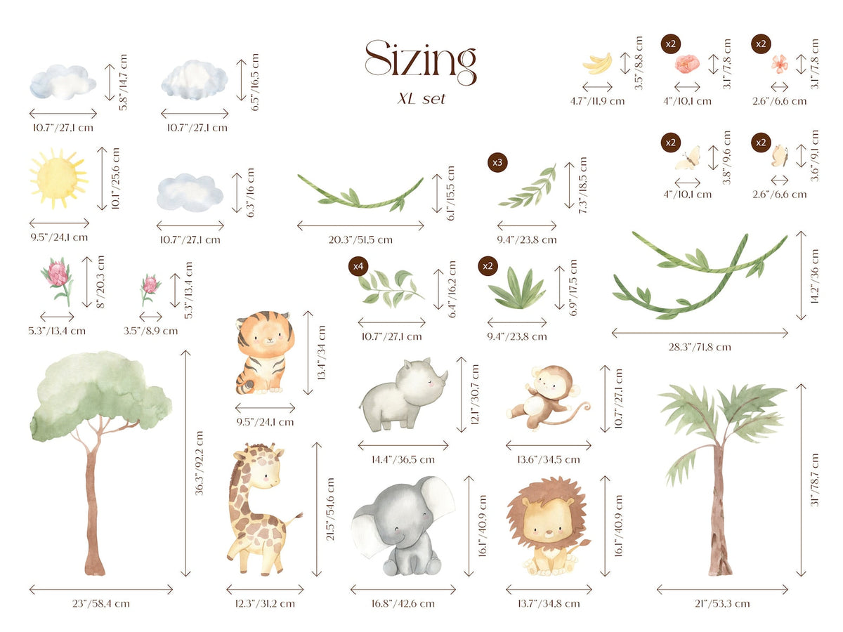 XL Safari Wall Sticker Set for Kids | Safari Animals | Wall Decal | Africa Watercolour Decal Set | Nursery Peel and Stick Nursery Wall Decor
