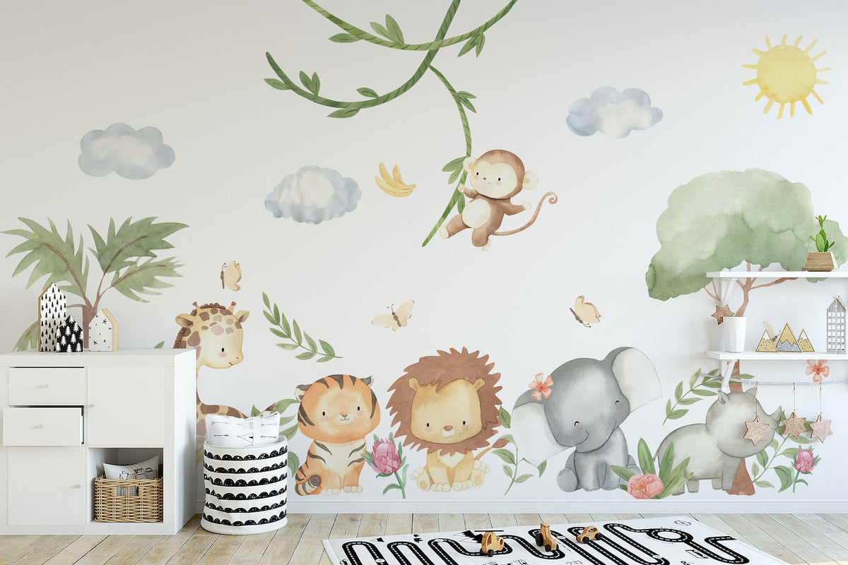 XL Safari Wall Sticker Set for Kids | Safari Animals | Wall Decal | Africa Watercolour Decal Set | Nursery Peel and Stick Nursery Wall Decor