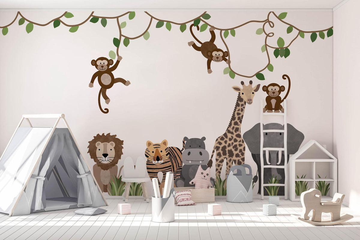 Large Safari Animals & Monkeys Wall Decals | Front-Facing Style | Jungle Nursery