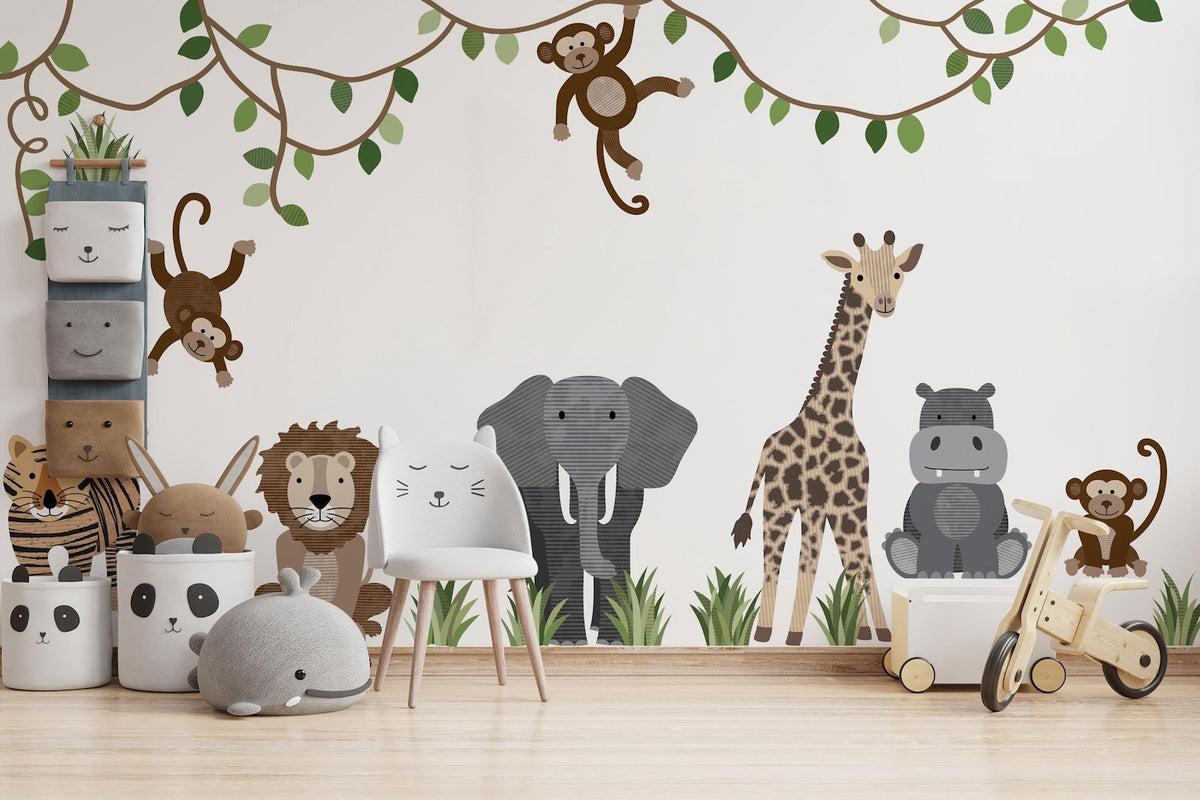 Large Safari Animals & Monkeys Wall Decals | Front-Facing Style | Jungle Nursery