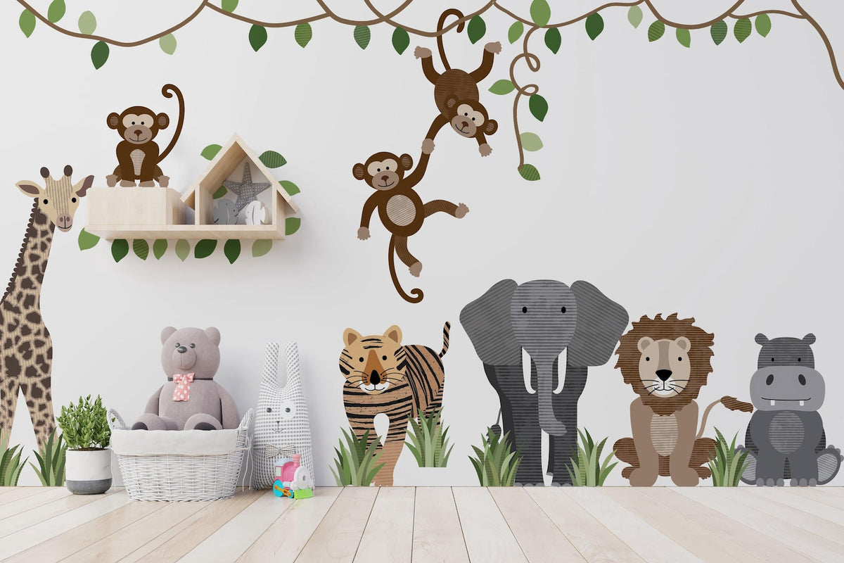 Large Safari Animals & Monkeys Wall Decals | Front-Facing Style | Jungle Nursery