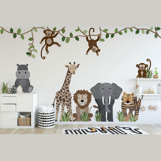 Large Safari Animals and Monkey Wall Decals – Front Facing Style | Jungle Animal Wall Stickers for Nursery
