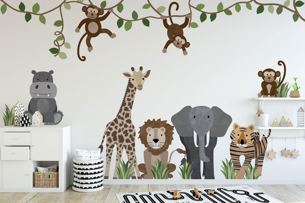 Large Safari Animals & Monkeys Wall Decals | Front-Facing Style | Jungle Nursery