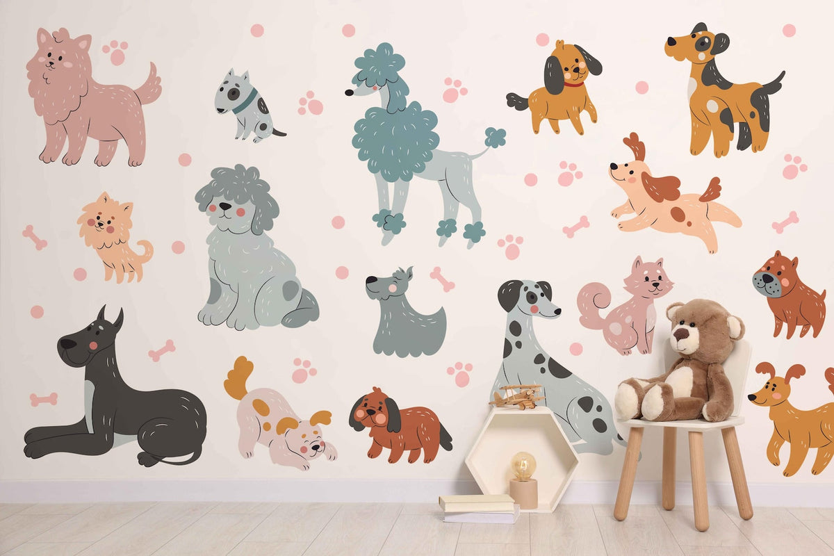 Cute Dog Wall Decals Set for Kids Room Nursery | Self-Adhesive Peel & Stick Dog Stickers
