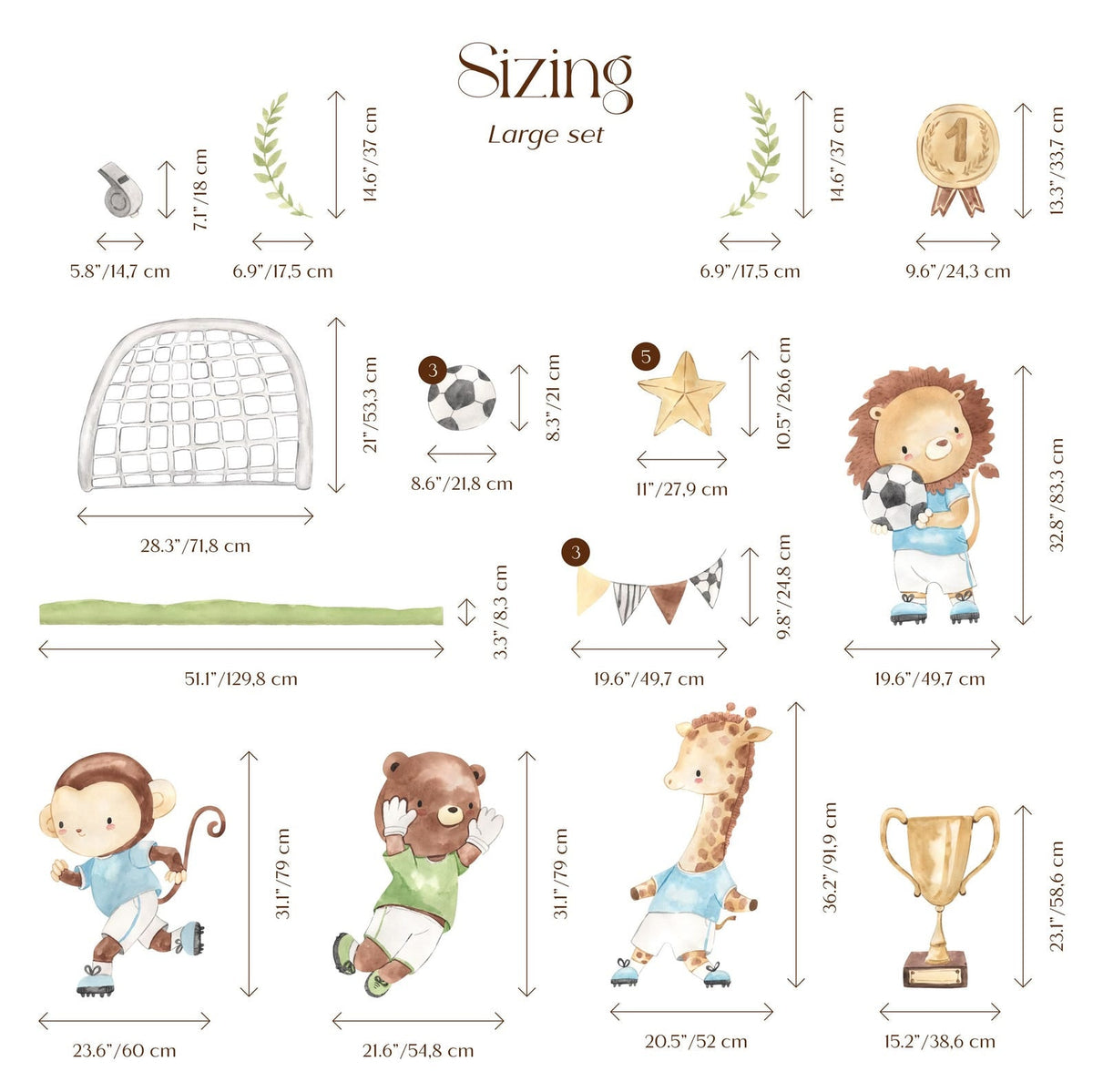 Watercolour Football Animals Nursery Wall Decals | Bear, Monkey, Giraffe, Lion Playing Football | Kids Room Decor | Peel and Stick Wall Art