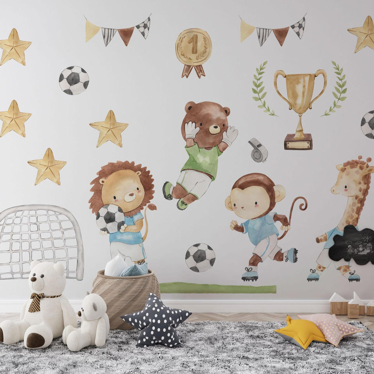 Watercolour Football Animals Nursery Wall Decals | Bear, Monkey, Giraffe, Lion Playing Football | Kids Room Decor | Peel and Stick Wall Art