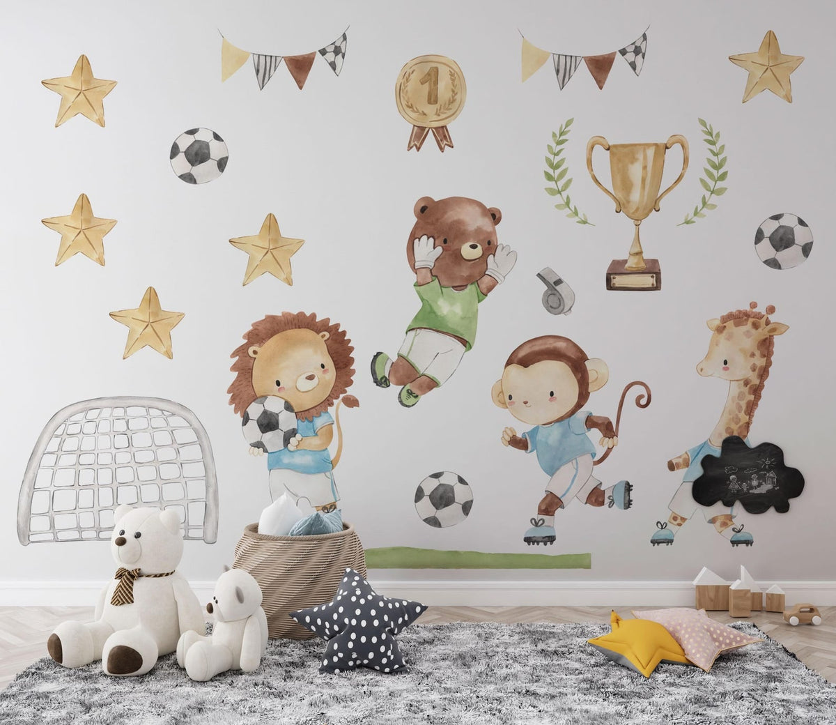 Watercolour Football Animals Nursery Wall Decals | Bear, Monkey, Giraffe, Lion Playing Football | Kids Room Decor | Peel and Stick Wall Art