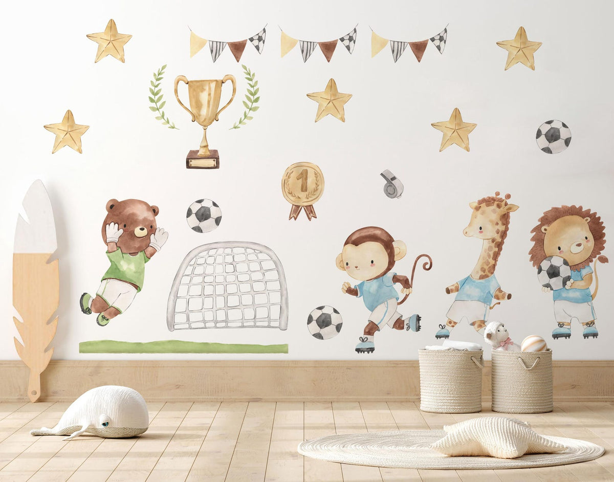 Watercolor Football Animals Nursery Wall Decals | Bear, Monkey, Giraffe, Lion Playing Soccer | Kids Room Decor | Peel and Stick Wall Art