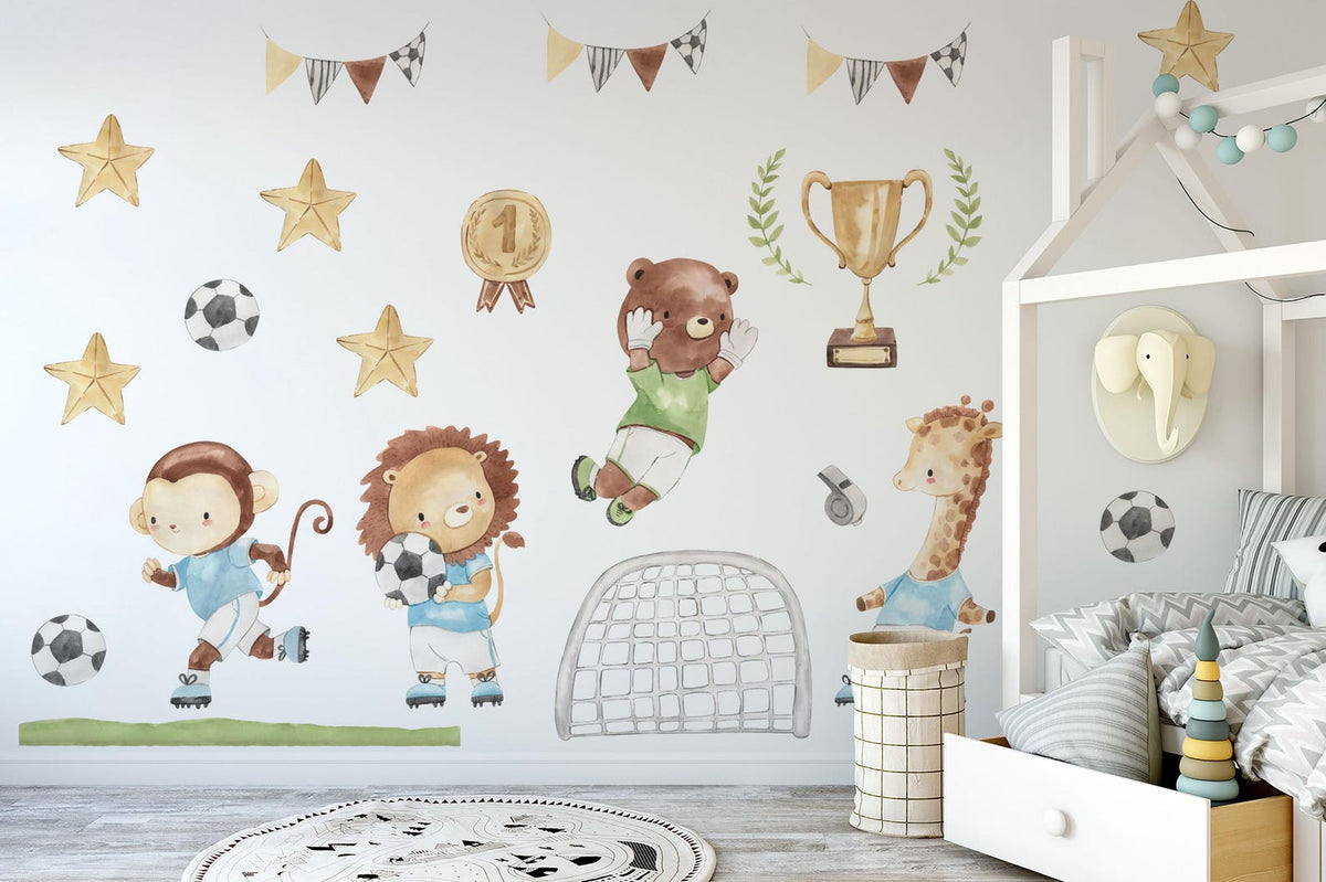 Watercolour Football Animals Nursery Wall Decals | Bear, Monkey, Giraffe, Lion Playing Football | Kids Room Decor | Peel and Stick Wall Art
