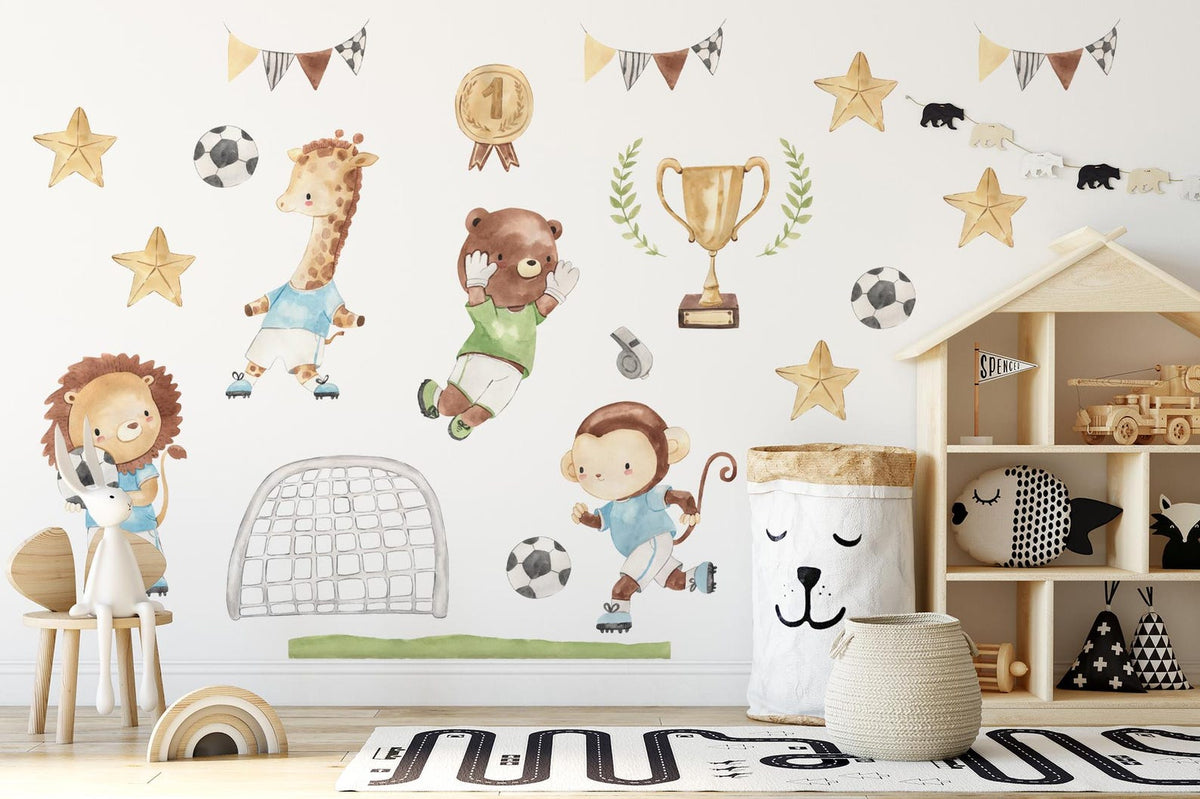 Watercolour Football Animals Nursery Wall Decals | Bear, Monkey, Giraffe, Lion Playing Football | Kids Room Decor | Peel and Stick Wall Art