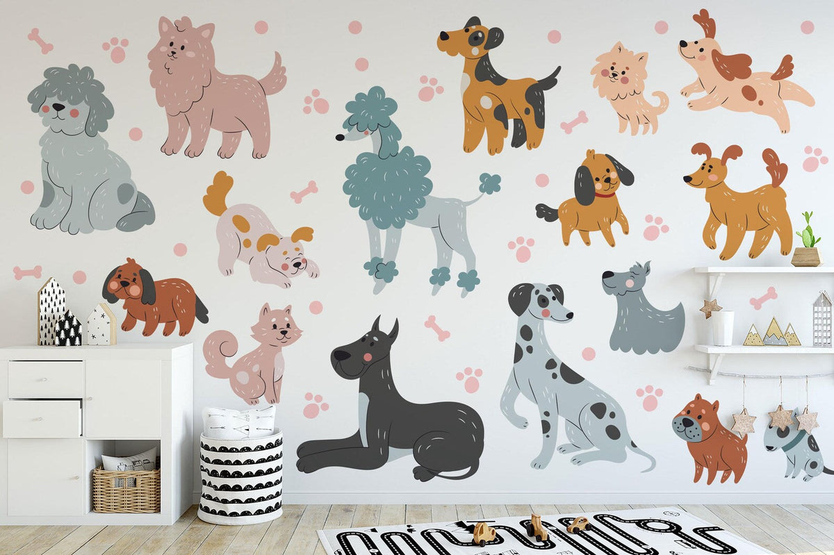 Cute Dog Wall Decals Set for Kids Room Nursery | Self-Adhesive Peel & Stick Dog Stickers