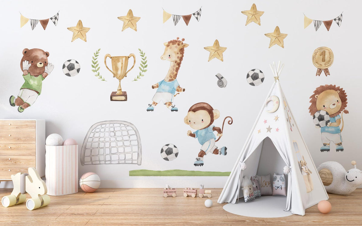 Watercolour Football Animals Nursery Wall Decals | Bear, Monkey, Giraffe, Lion Playing Football | Kids Room Decor | Peel and Stick Wall Art