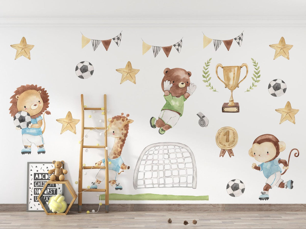 Watercolour Football Animals Nursery Wall Decals | Bear, Monkey, Giraffe, Lion Playing Football | Kids Room Decor | Peel and Stick Wall Art