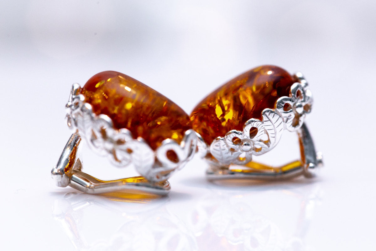 Floral Frame Oval Amber Clip On Earrings
