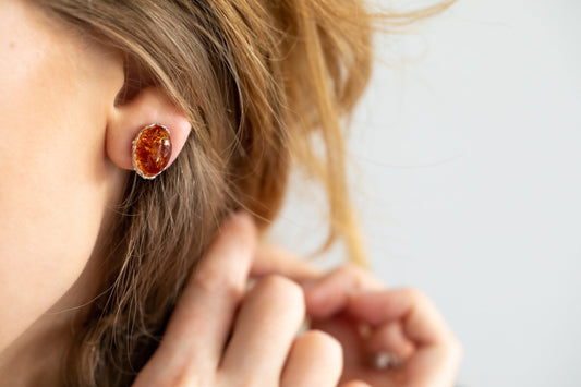 Floral Frame Oval Amber Clip On Earrings