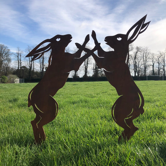 Rusty Metal Boxing Hares Garden Decoration