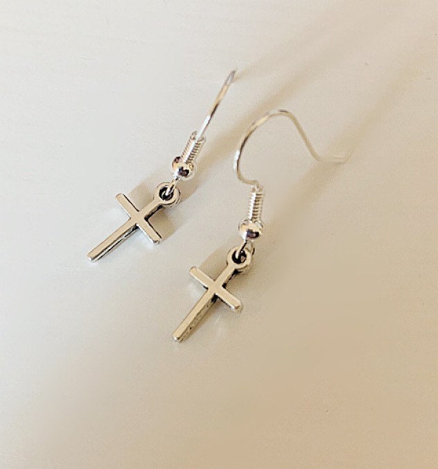 Silver little minimalistic cross drop dangle earrings