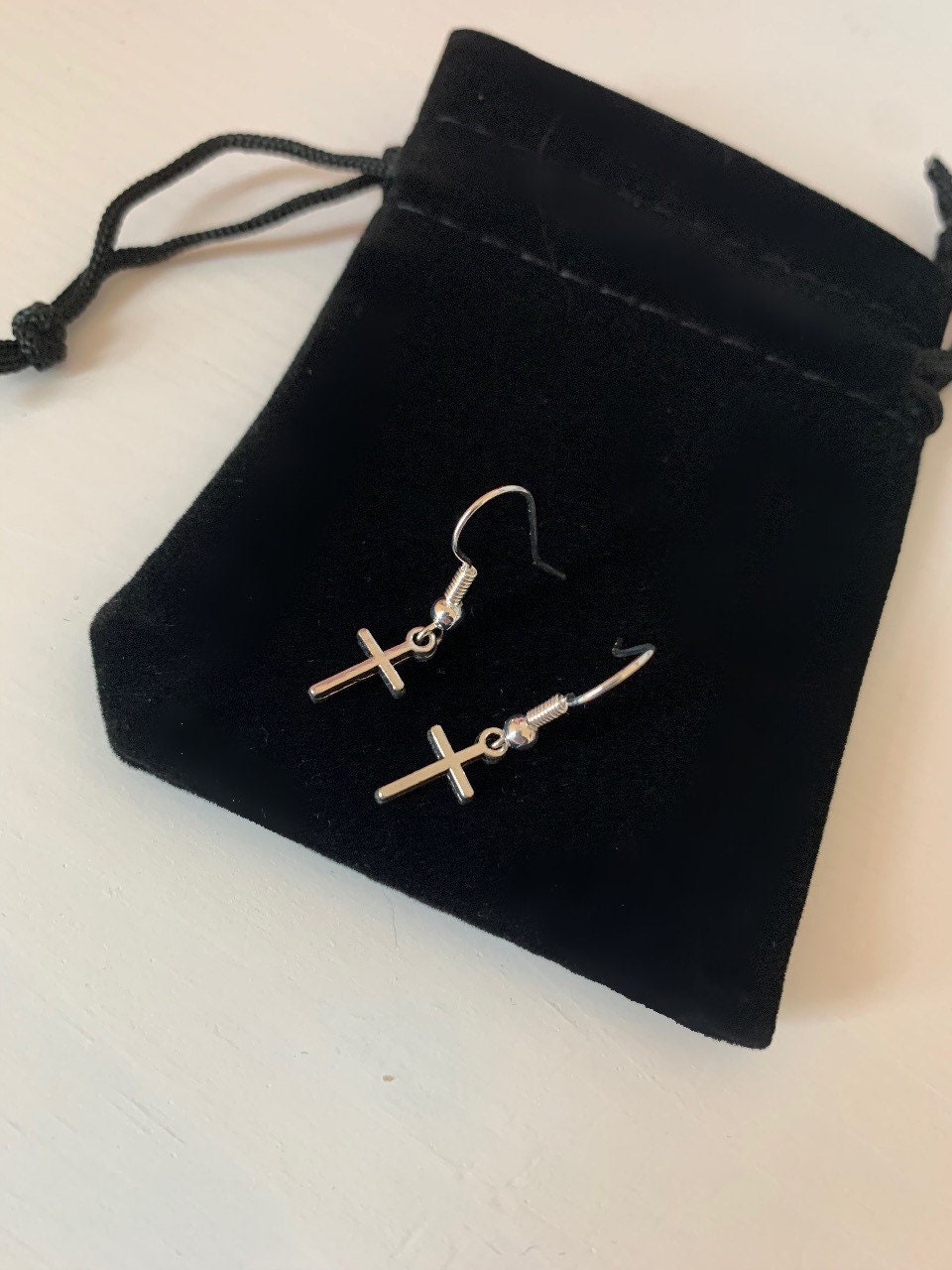 Silver little minimalistic cross drop dangle earrings