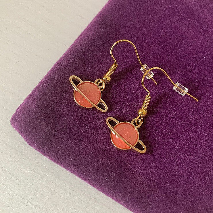 Cool quirky little blue or pink saturn planet drop dangle earrings