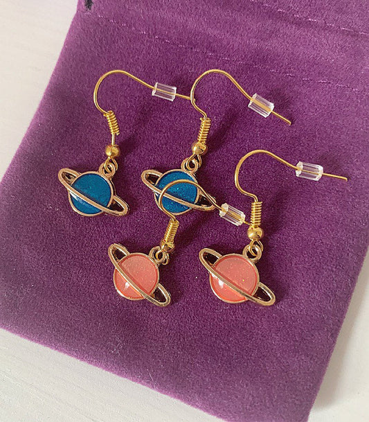 Cool quirky little blue or pink saturn planet drop dangle earrings
