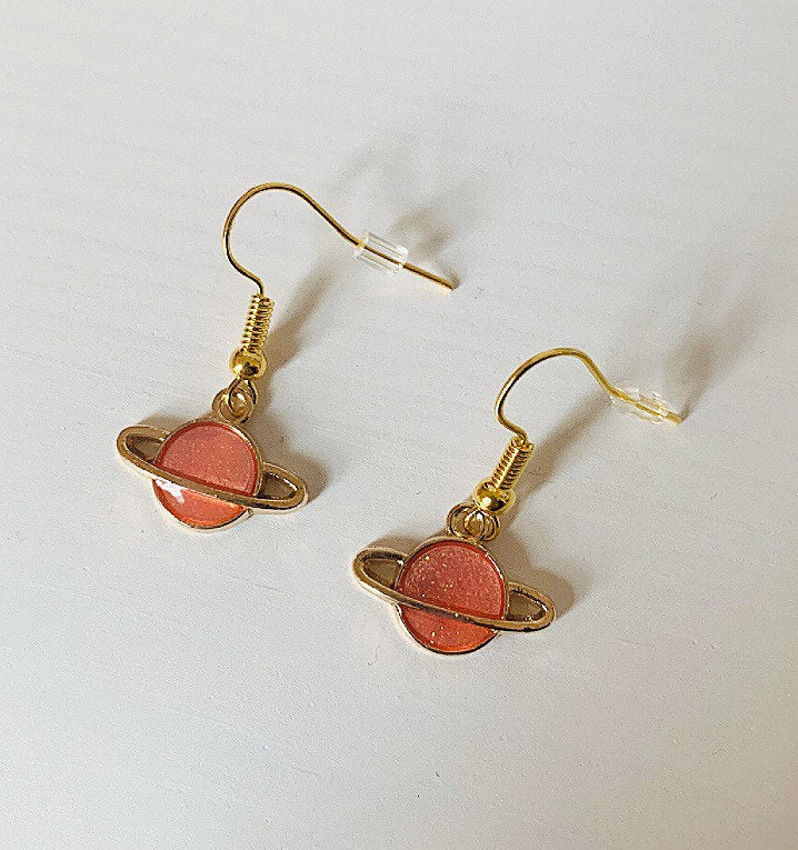 Cool quirky little blue or pink saturn planet drop dangle earrings