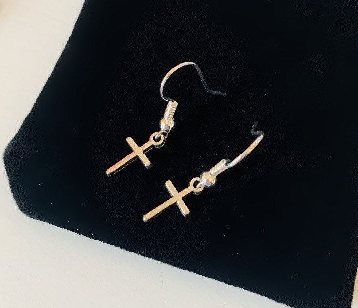 Silver little minimalistic cross drop dangle earrings