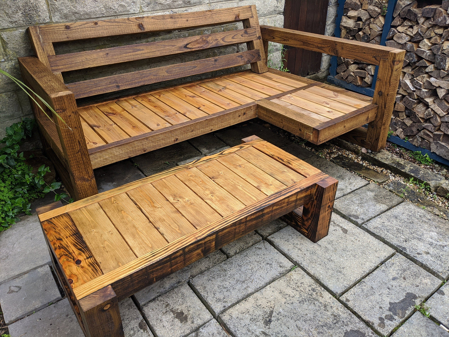 Solid Wood Garden Sofa 3 seat with foot rest & table