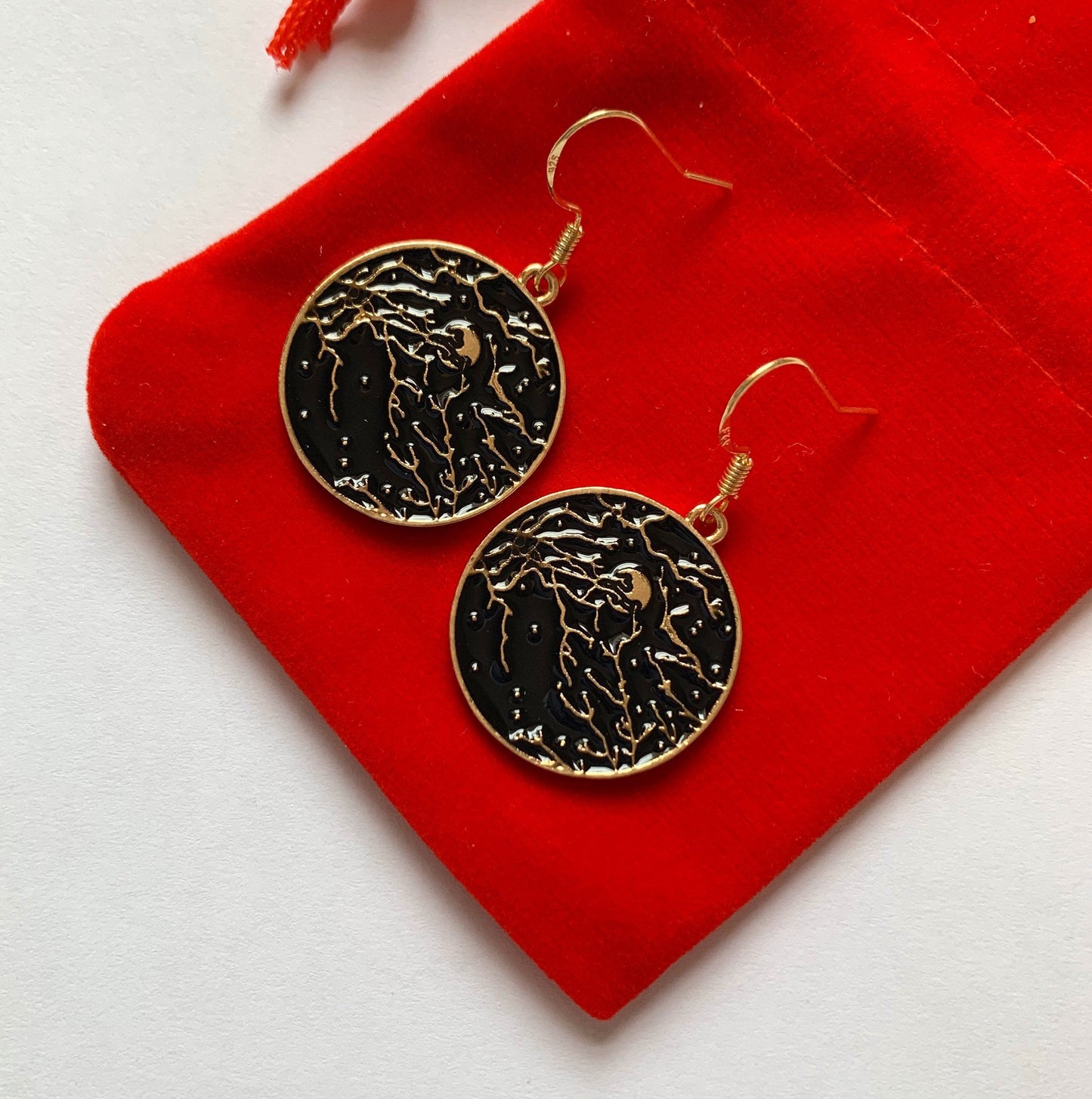 Black night sky moon gold plated dangle earrings