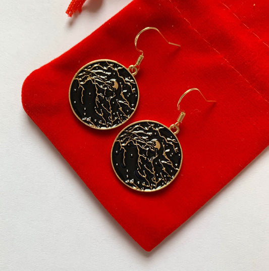 Black night sky moon gold plated dangle earrings
