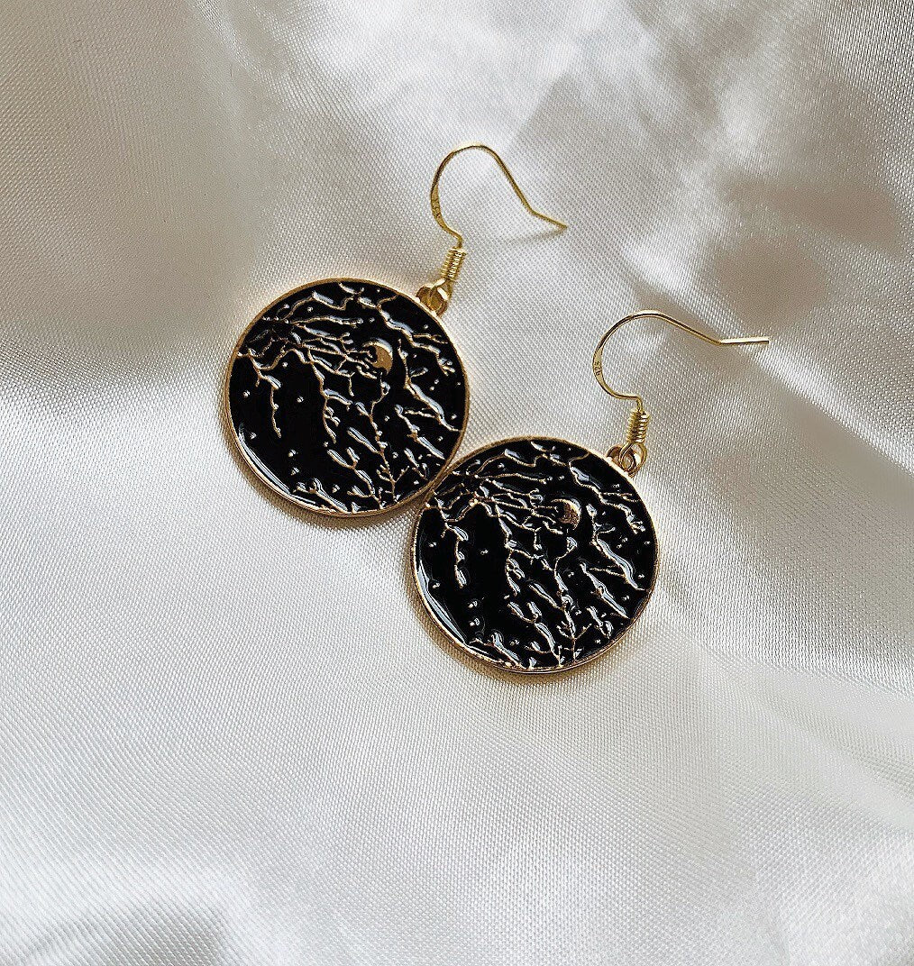 Black night sky moon gold plated dangle earrings