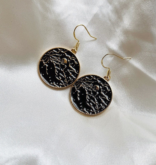 Black night sky moon gold plated dangle earrings