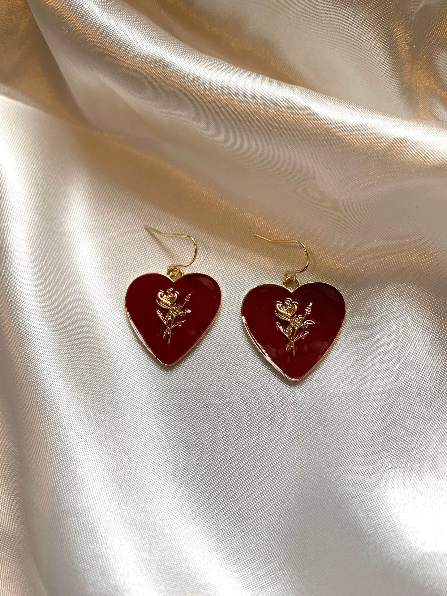 Dark red heart with gold rose dangle drop earrings on 18k gold plated hooks