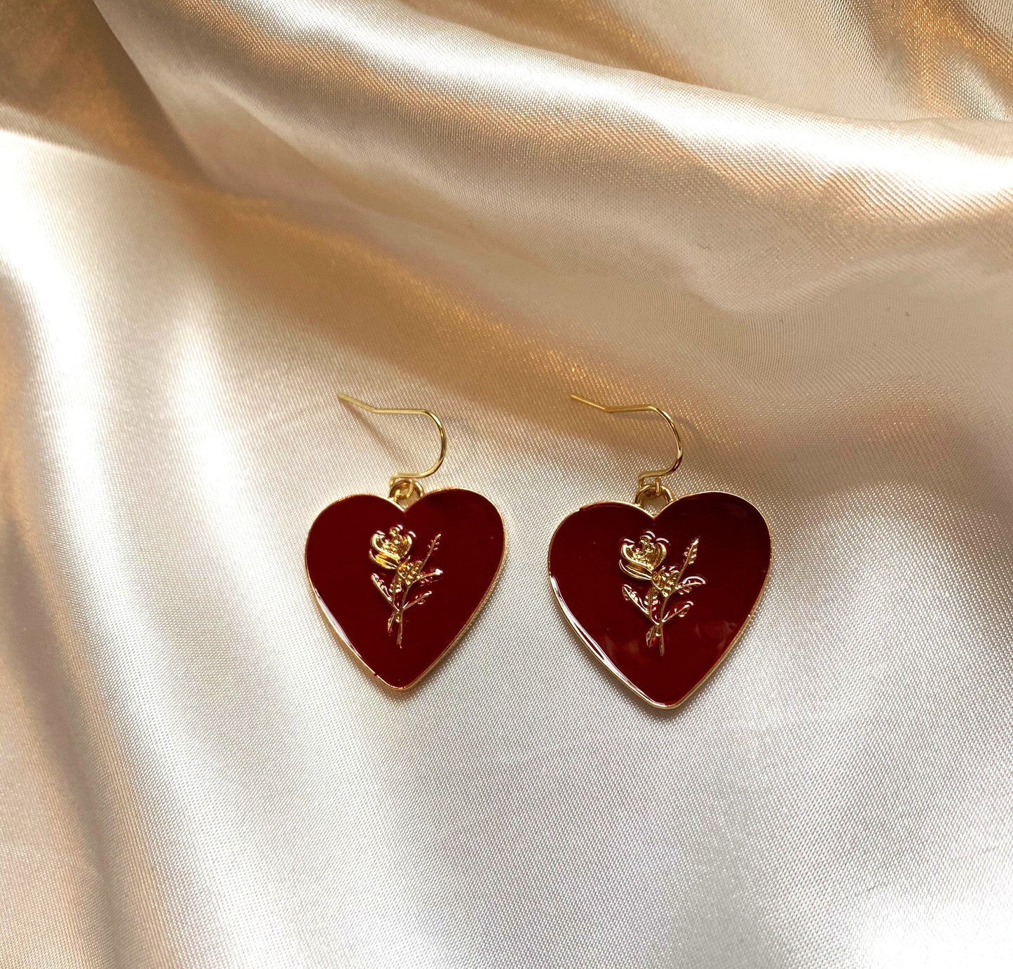 Dark red heart with gold rose dangle drop earrings on 18k gold plated hooks
